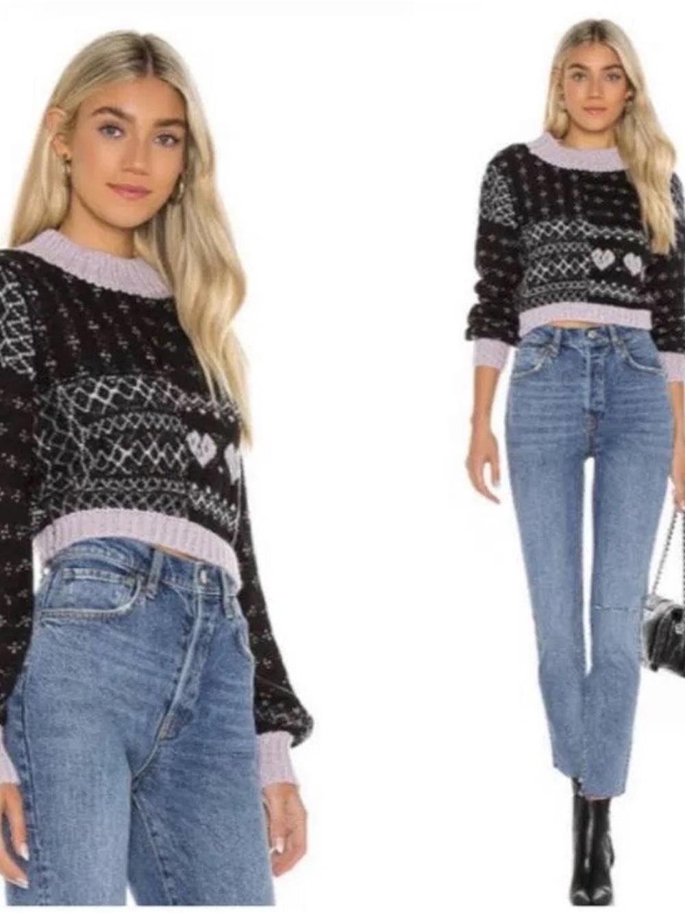 Free People Black Sweater with Light Pink Heart Motif